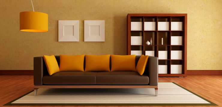 modern couch and wood bookcase in a living room